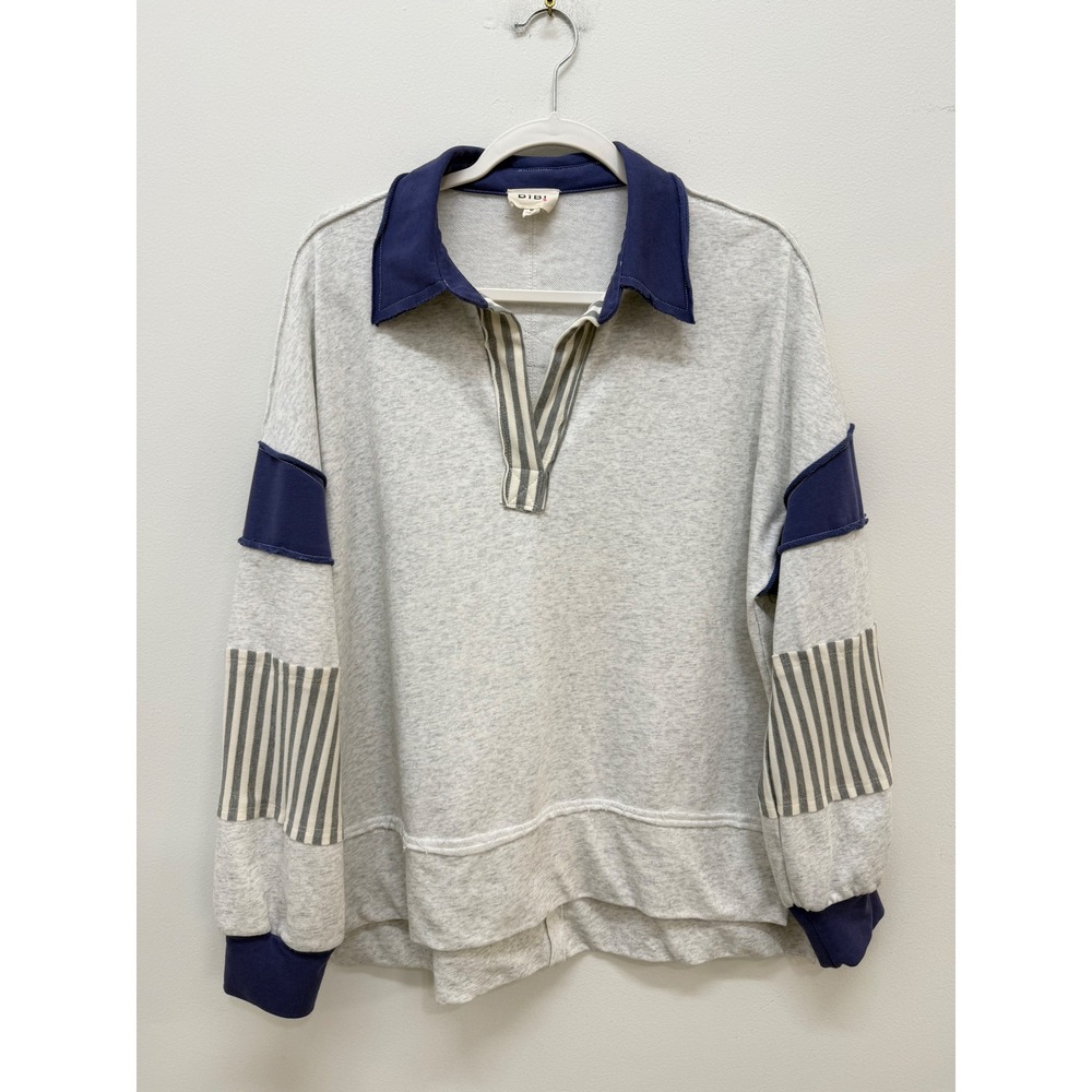 BIB! Pullover Top Size M Gray Mixed Media Striped V-Neck Long Sleeve IP9531-03